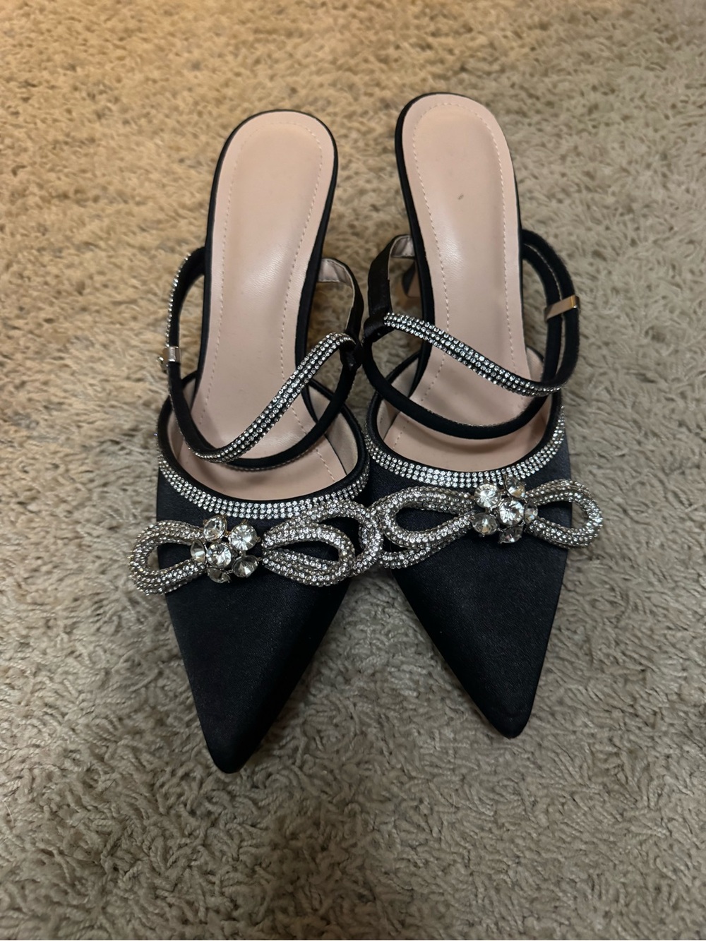 Black Crystal-Embellished Pointed-Toe Heels